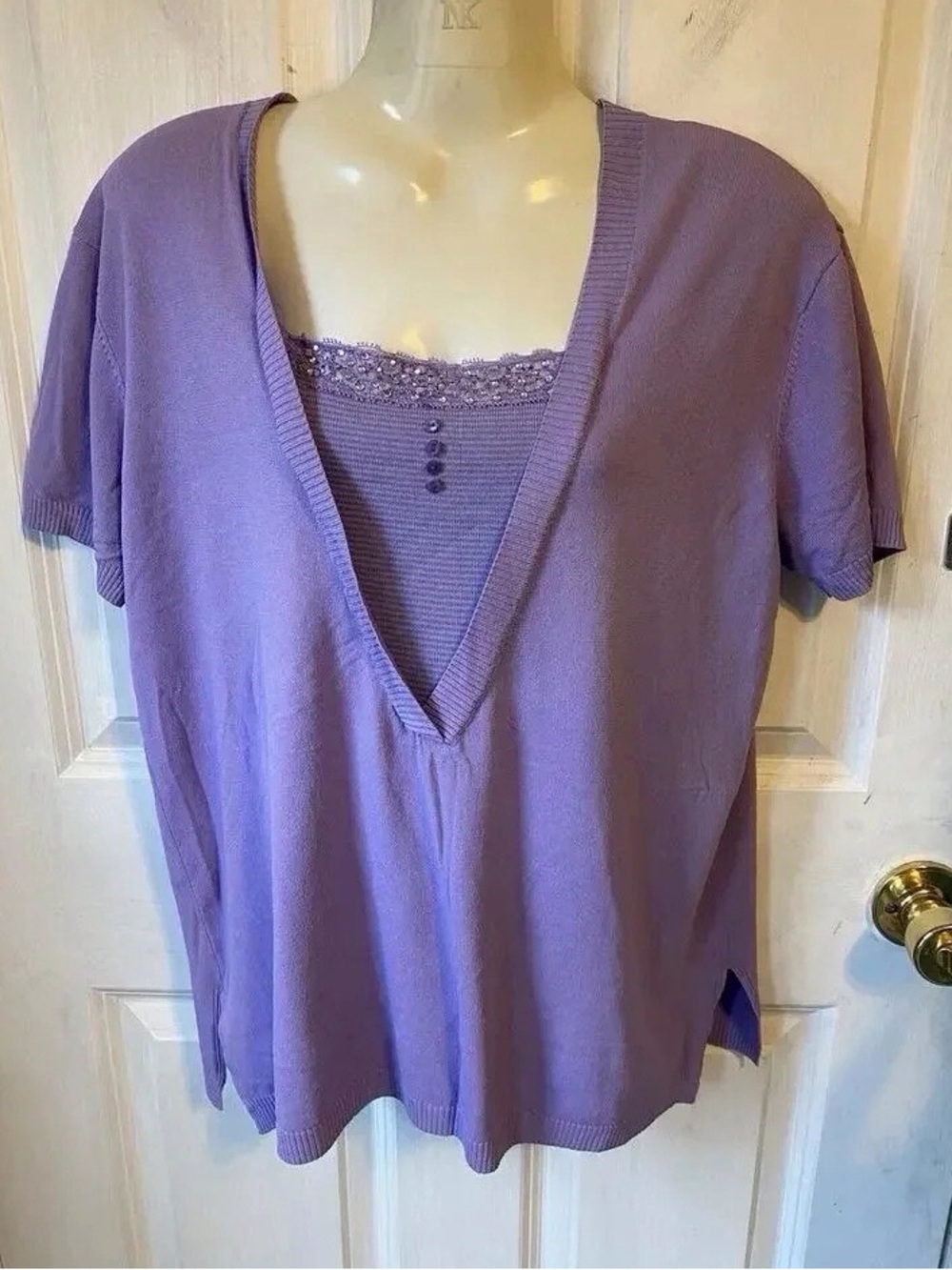 Women's Lilac Layered V-Neck Tank and Short Sleeve Knit Top